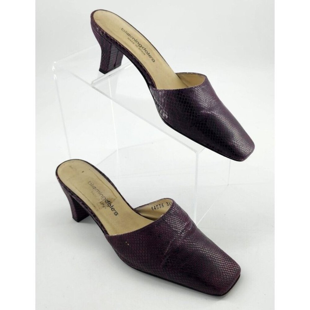 Bloomingdale's Womens Slip On Block Heels Square Toe Purple Faux Snake Skin 36.5